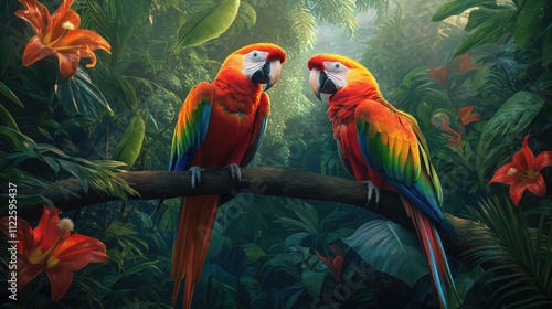 Wallpaper Mural Two Scarlet Macaws Perched on a Branch in a Lush Tropical Rainforest Setting Torontodigital.ca