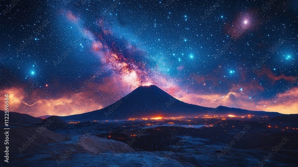 Fototapeta premium A stunning cosmic landscape featuring a volcano under a vibrant starry sky.