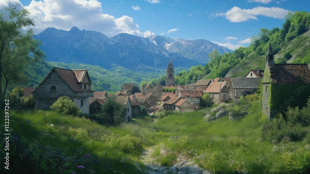 Fototapeta premium Serene Mountain Village nestled in Verdant Valley under a Summer Sky: A picturesque digital painting of a charming medieval village nestled amongst lush green hills and majestic mountains.