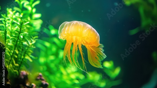 Jellifish South american sea nettle, Chrysaora plocamia swimming in aquarium tank with green neon illumination. Aquatic organism, animal, undersea life, biodiversity photo