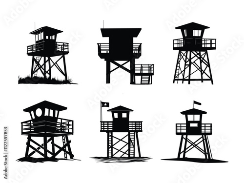 Lifeguard Safeguard Watchtower silhouette Military camp tower | vector silhouette illustration on white background