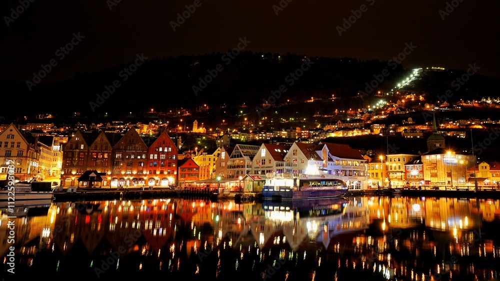 Beautiful night view of Bergen city at Norway.