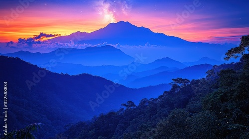 A stunning mountain landscape at sunset, showcasing vibrant colors and serene natural beauty.