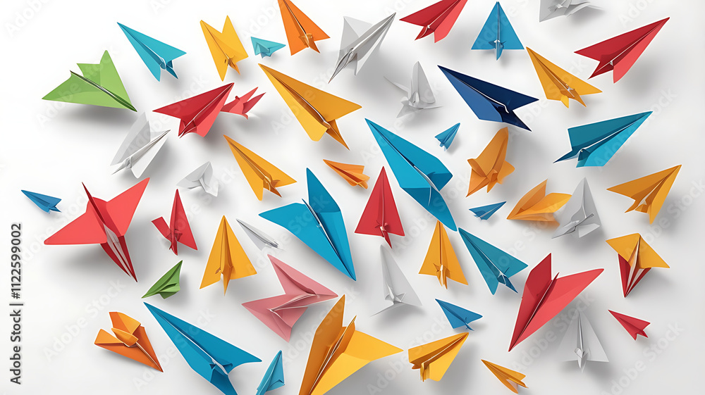 Fototapeta premium A cluster of paper airplanes in various colors and folded designs, scattered together, isolated on a plain white background.