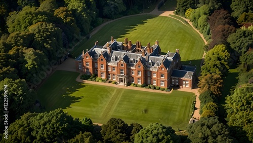 Aerial View of Sandringham House in Norfolk Surrounded by Lush Green Landscapes and Beautiful Gardens Capturing the Essence of English Heritage and Architecture 