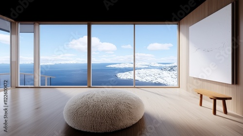 Modern Coastal Minimalist Room Interior Design  Ocean View  White Fur Ottoman  Wooden Benc photo