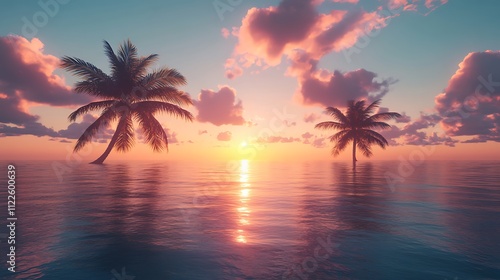 Sunset reflection over calm ocean tropical paradise scenic view