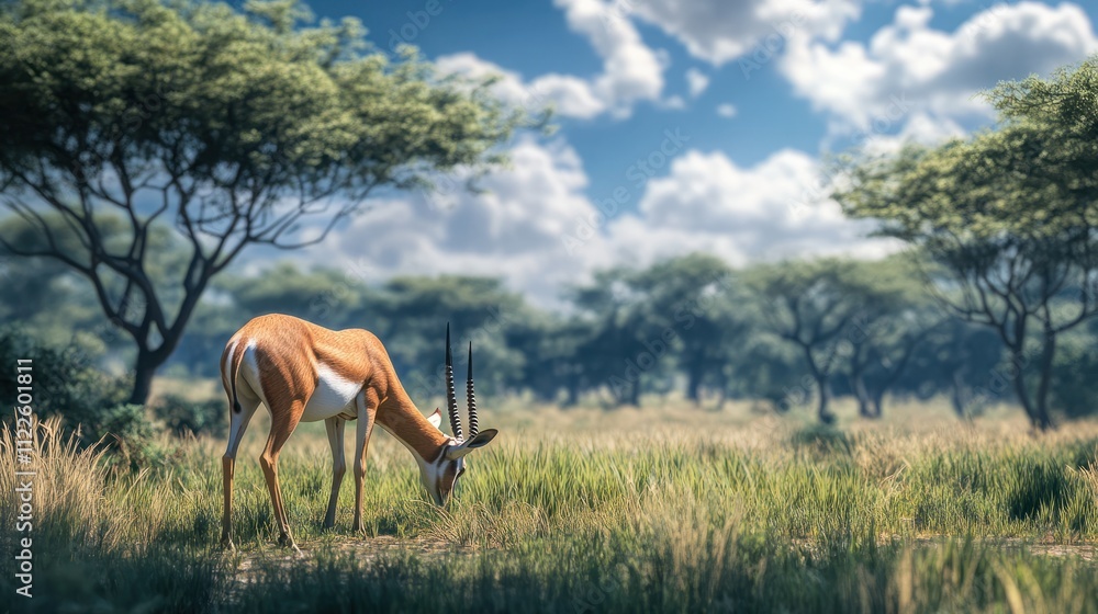 Safari, animal and buck eating grass for nature conservation, outdoor travel park or biodiversity in field. Wildlife, ecology or horned antelope in environment on African game reserve for eco tourism Safari, animal and buck eating grass for nature conservation, outdoor travel park or biodiversity in field. Wildlife, ecology or horned antelope in environment on African game reserve for eco tourism