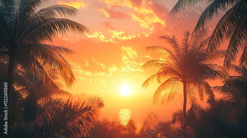 Sunset over tropical beach palms nature landscape tranquil view
