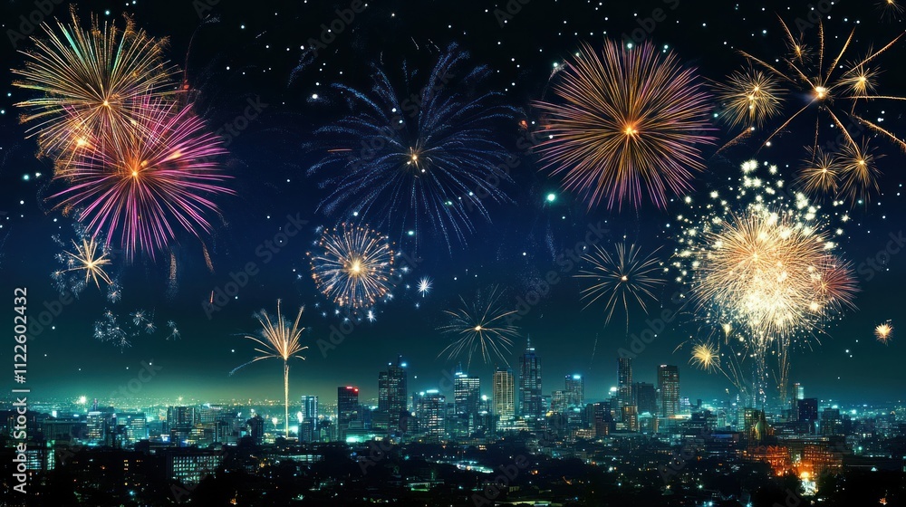 Fototapeta premium Vibrant fireworks explode over a cityscape at night.