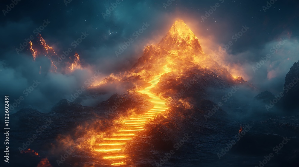 Fototapeta premium Lava flow erupts from volcano night sky nature scene dramatic view