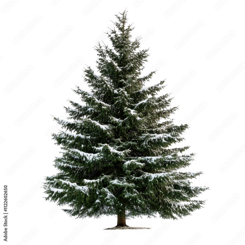 Fototapeta premium A snow-covered evergreen tree, often associated with winter and holiday celebrations.