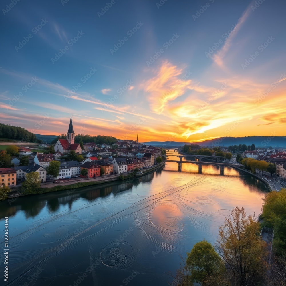 European riverside town, sunset, golden sky, church spire, bridge over river, reflections in water, picturesque village, atmospheric lighting, aerial view, dramatic clouds, tranquil scene, vibrant col European riverside town, sunset, golden sky, church spire, bridge over river, reflections in water, picturesque village, atmospheric lighting, aerial view, dramatic clouds, tranquil scene, vibrant col