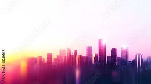 Modern city skyline at sunset with vibrant colors and silhouettes.