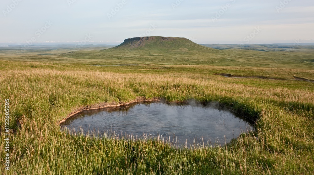 Fototapeta premium Serene Geothermal Spring in Grassland Landscape with Distant Hill