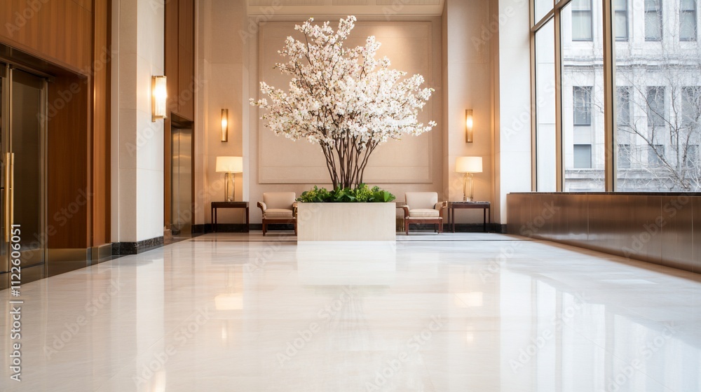 Modern lobby interior with a blossom tree. Modern lobby interior with a blossom tree.