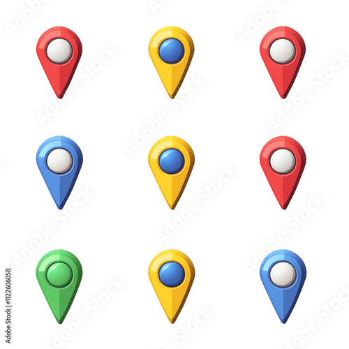 A grid of colorful location pins in red, yellow, green, and blue, commonly used in mapping and navigation applications. Free Download A grid of colorful location pins in red, yellow, green, and blue, commonly used in mapping and navigation applications. - GFXLoad