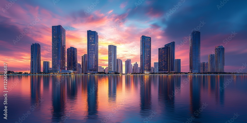 Obraz premium Stunning Sunset Skyline Cityscape Reflection Modern Architecture