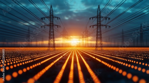 A dramatic sunset casts an orange glow over a landscape filled with power lines and glowing orbs, symbolizing energy and connectivity.