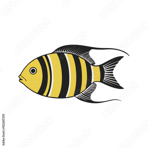 Flat illustration of a banded butterfly fish with yellow and black bands, compact shape, minimalistic design, clean background