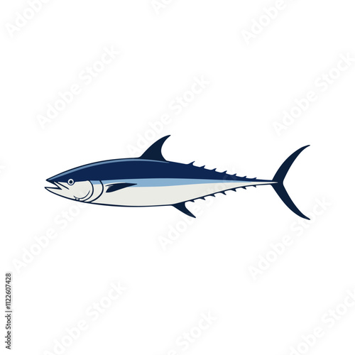 Flat illustration of a bluefin tuna with sleek blue body, minimalistic design, streamlined shape, clean background, modern aesthetic