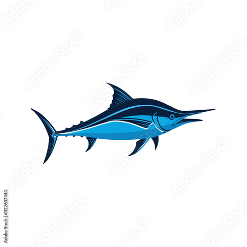 Flat illustration of a blue marlin with sleek blue body, sharp bill, streamlined shape, minimalistic design, clean background