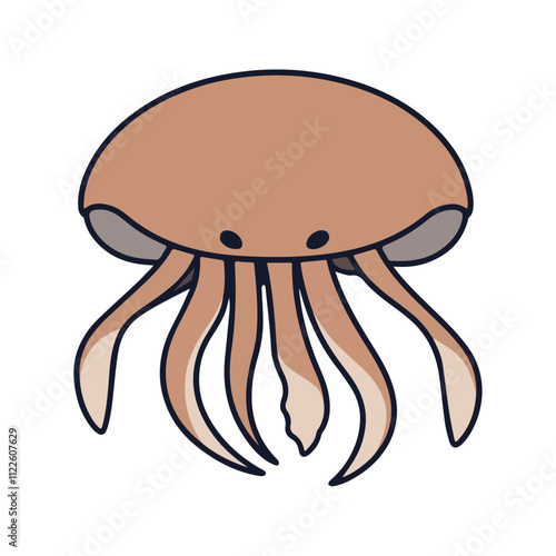 Cuttlefish Flat Vector Illustration, Simple Stylized Design, Brownish Body, Thin Tentacles, Minimalist Look, Clean Lines, White Background