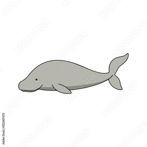 Flat illustration of a dugong with soft gray body, rounded shape, minimalistic design, clean background, peaceful creature