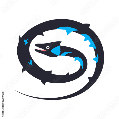 Flat illustration of an electric eel with dark body, electric blue accents, curving shape, minimalistic design, clean background