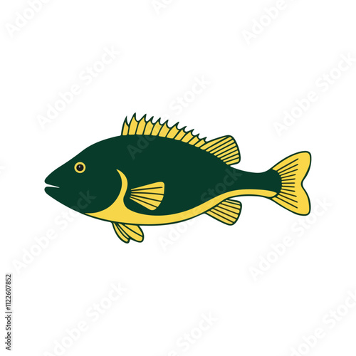 Flat illustration of a goliath grouper with deep green body, broad shape, minimalistic design, clean background, modern aesthetic