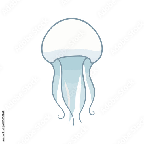 Flat illustration of a moon jellyfish with soft white and blue tones, minimalistic design, smooth, clean background, stylized