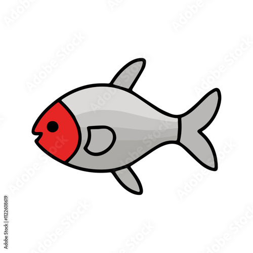 Flat vector illustration of a Rummy Nose Tetra with silver body, red nose, simple fins, minimal design, clean aesthetic