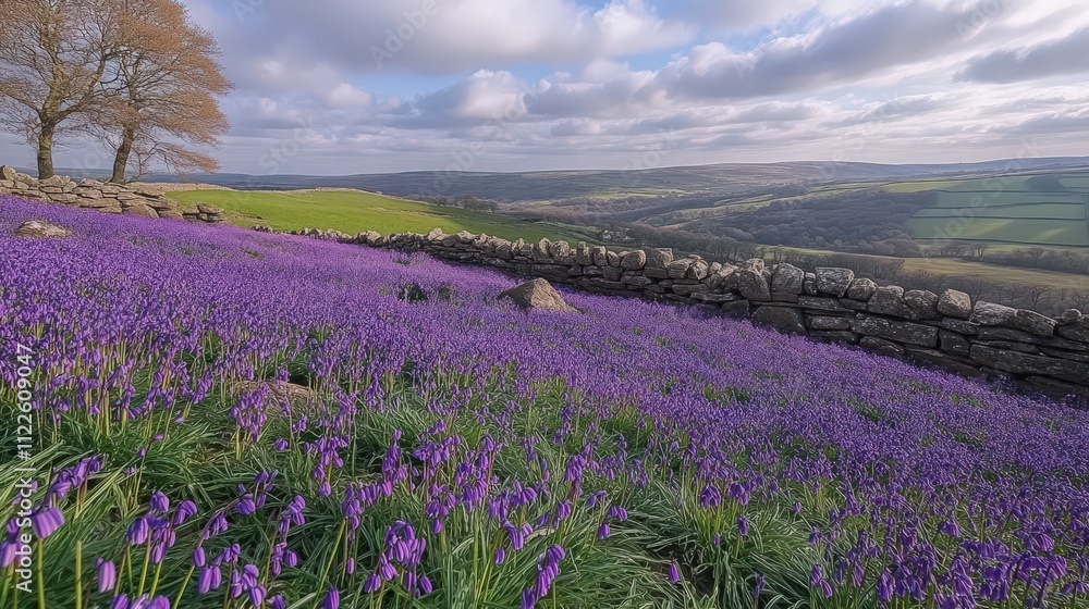 Obraz premium A vibrant field of bluebells under a cloudy sky, showcasing natural beauty and tranquility.