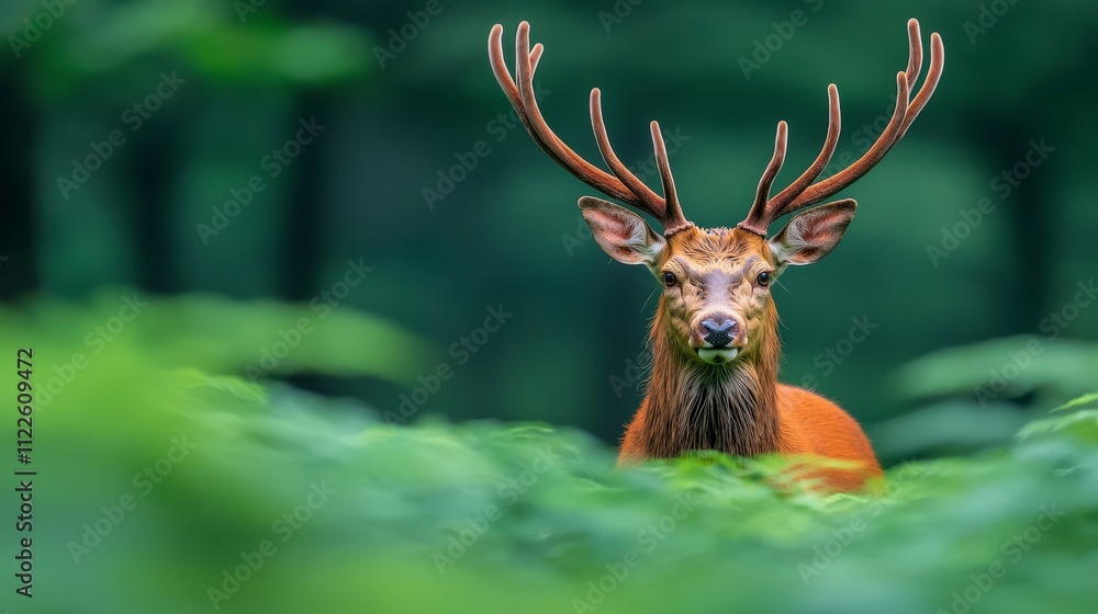 Fototapeta premium Majestic Red Deer Stag in Lush Green Forest