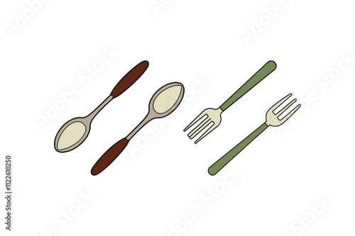 Cute spoon and fork design icon set. Vector cartoon style kitchen illustration for fun cooking projects and creative design