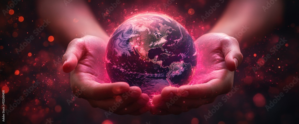 Fototapeta premium Hands gently cradling a glowing Earth, symbolizing global care and environmental responsibility. A dramatic, vibrant image perfect for environmental awareness campaigns.
