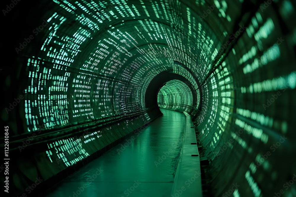 Fototapeta premium A tunnel filled with digital code, in the green color