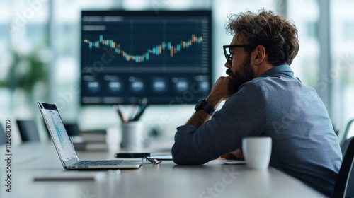 Man analyzing financial charts on computer screen in modern office