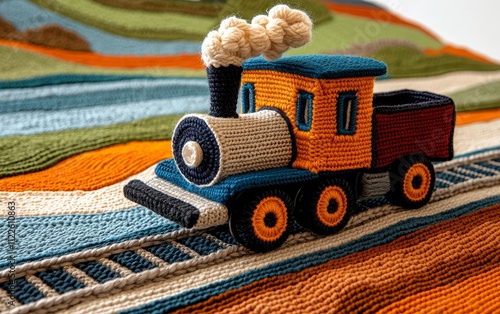 Knitted Toy Train on Colorful Blanket Adorable Child s Plaything Handmade Crochet Locomotive photo