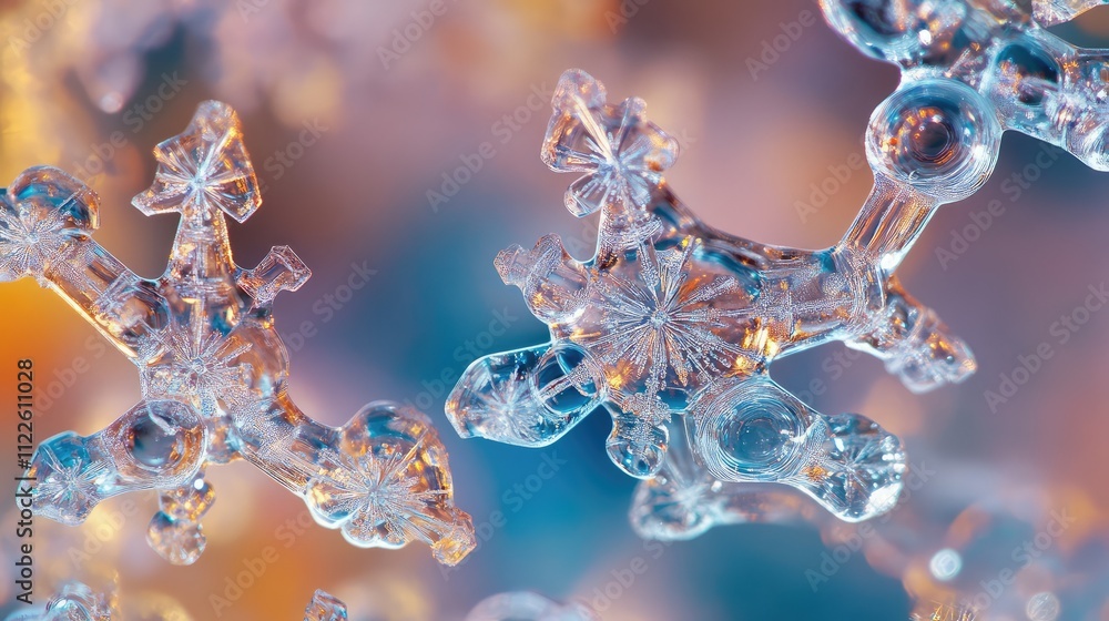 Highly detailed image of ice molecules under magnification, showing a network of interconnected crystalline form Highly detailed image of ice molecules under magnification, showing a network of interconnected crystalline form