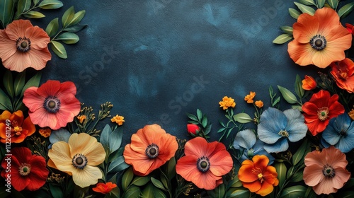 A vibrant floral arrangement with colorful flowers against a textured blue background.