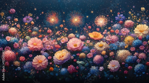 A vibrant floral scene with colorful flowers and sparkling lights against a dark background.