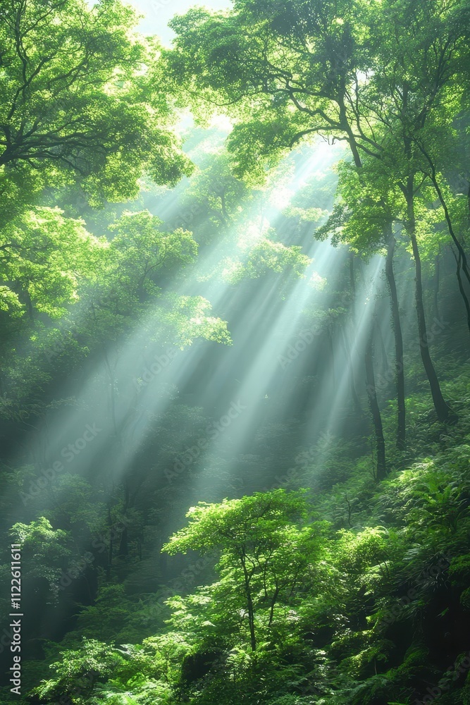 Obraz premium Sunlight filtering through lush green forest trees.