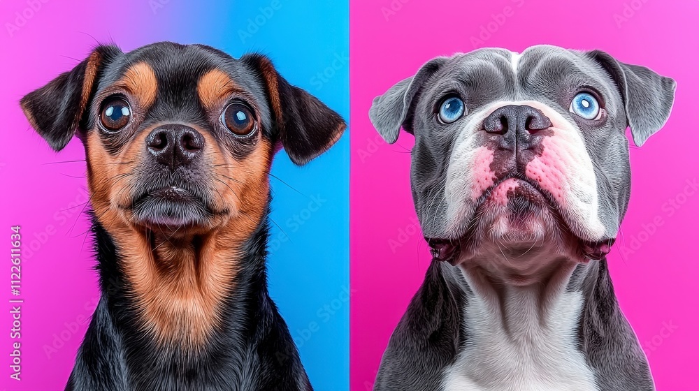 Obraz premium Adorable Chihuahua Mix and Bulldog Dogs Colorful Background Pet Portraits Studio Shot