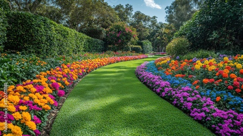 A vibrant garden path lined with colorful flowers and lush greenery.