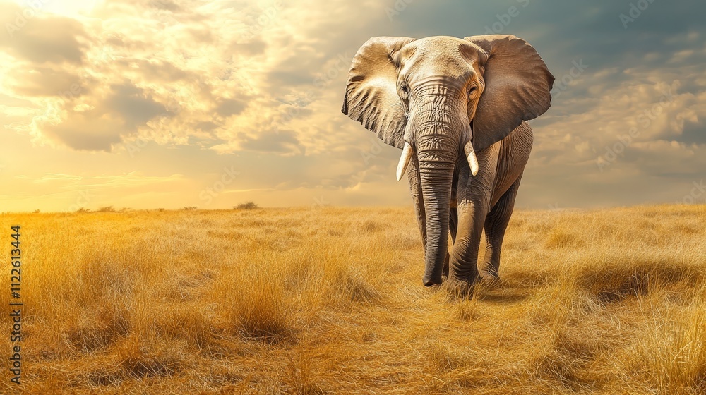 Fototapeta premium A large elephant walking through the African savannah, its trunk raised towards the sky