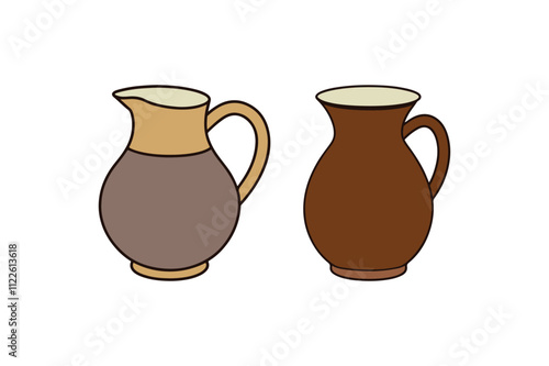 Ceramic jug set - isolated on a white background. Brown clay pitcher vector illustration in cartoon flat style for home decor and design