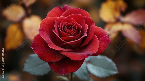 A vibrant red rose in full bloom surrounded by autumn leaves.
