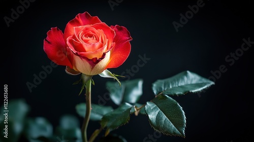 A vibrant rose with red and orange petals against a dark background.