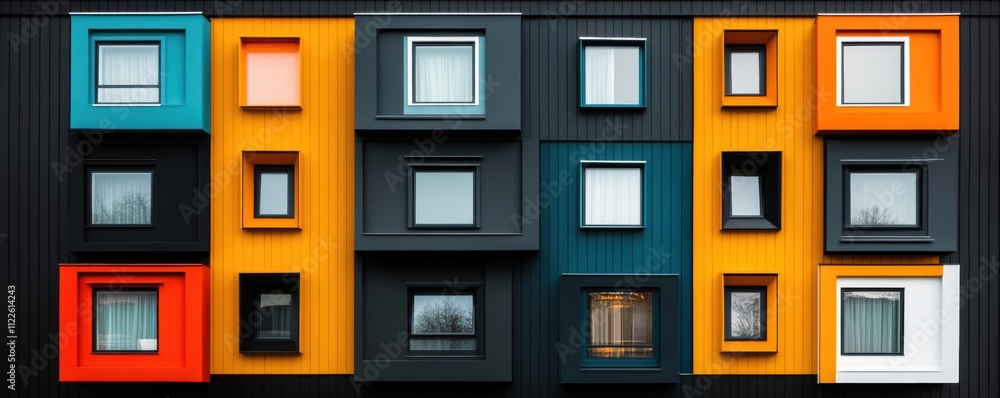 Naklejka premium Close-up of colorful modern modular windows on a building facade with geometric patterns.